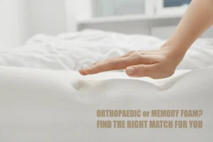 Hand pressing into a memory foam mattress showing pressure relief, with text: Orthopaedic or Memory Foam? Find the Right Match For You